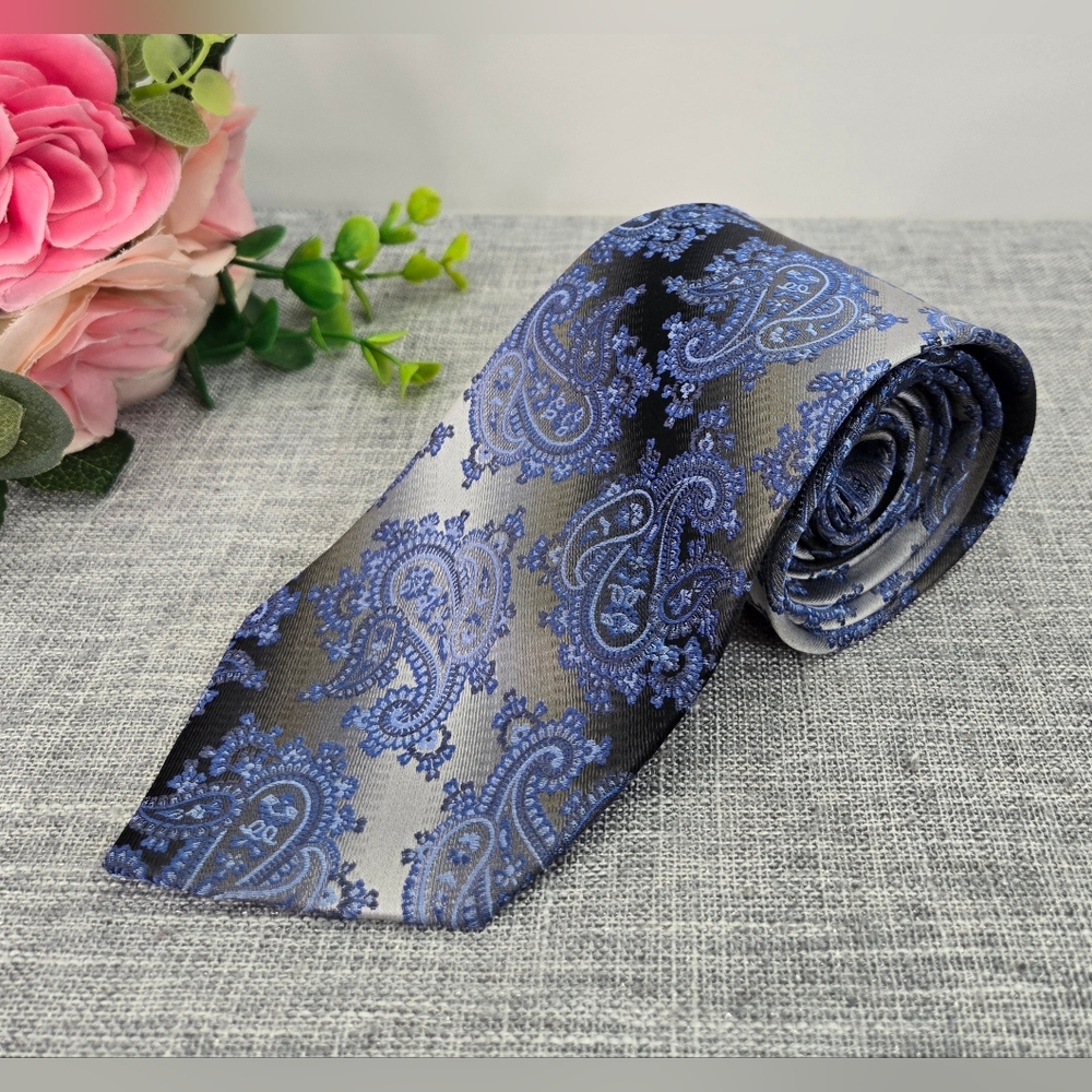 Vintage Joseph & Feiss Blue & Grey Paisley Tie 100% Silk